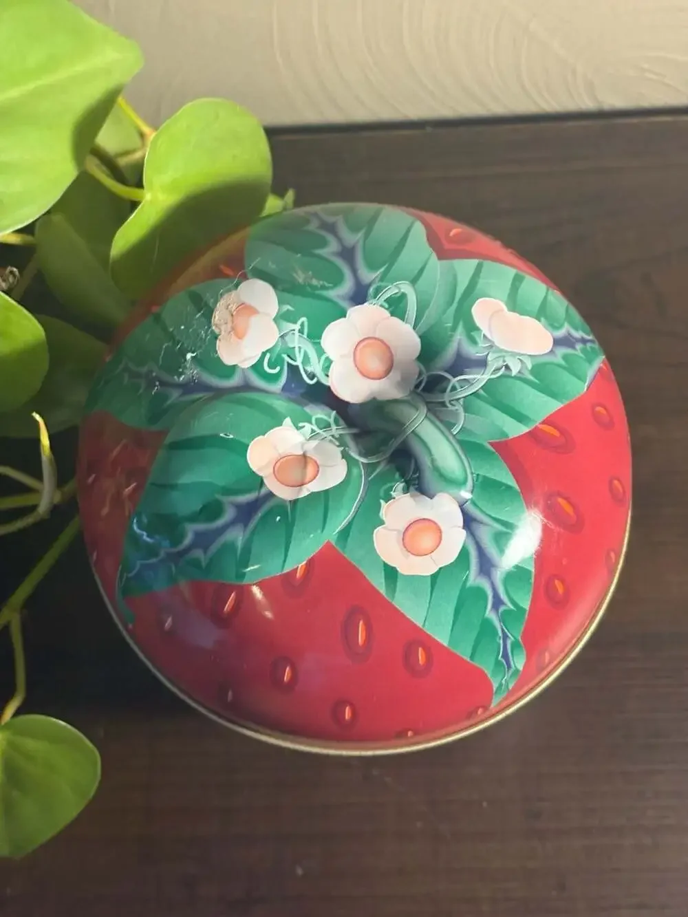 Vintage Strawberry Shaped Lithographed Metal Trinket Storage Tin
